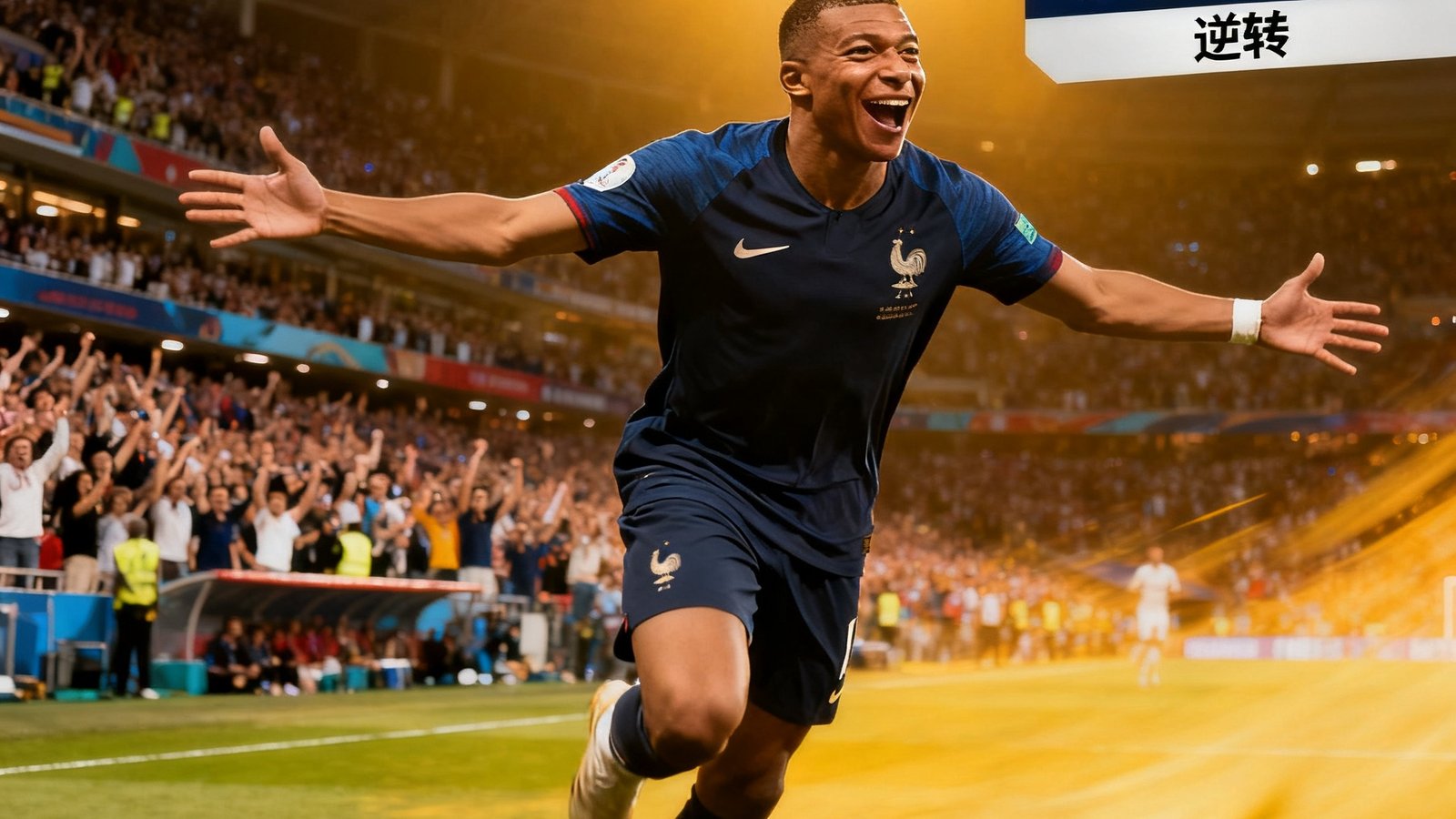 法国队姆巴佩进球后庆祝，比分板显示2-1逆转英格兰