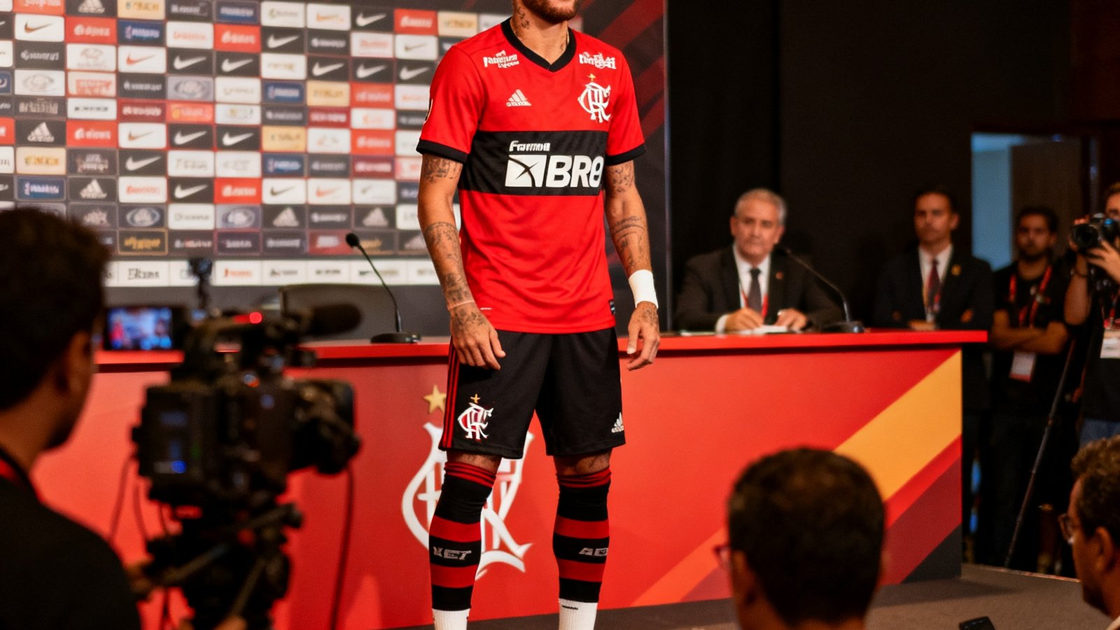 内马尔身穿弗拉门戈球衣亮相发布会
